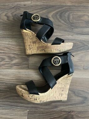 GUESS Black Leather Cork Wedge Sandals with Gold Accents